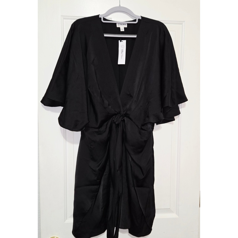 The Drop Women's Black Mini Dress, Tie Front, V Neck, Kimono Sleeves, Party